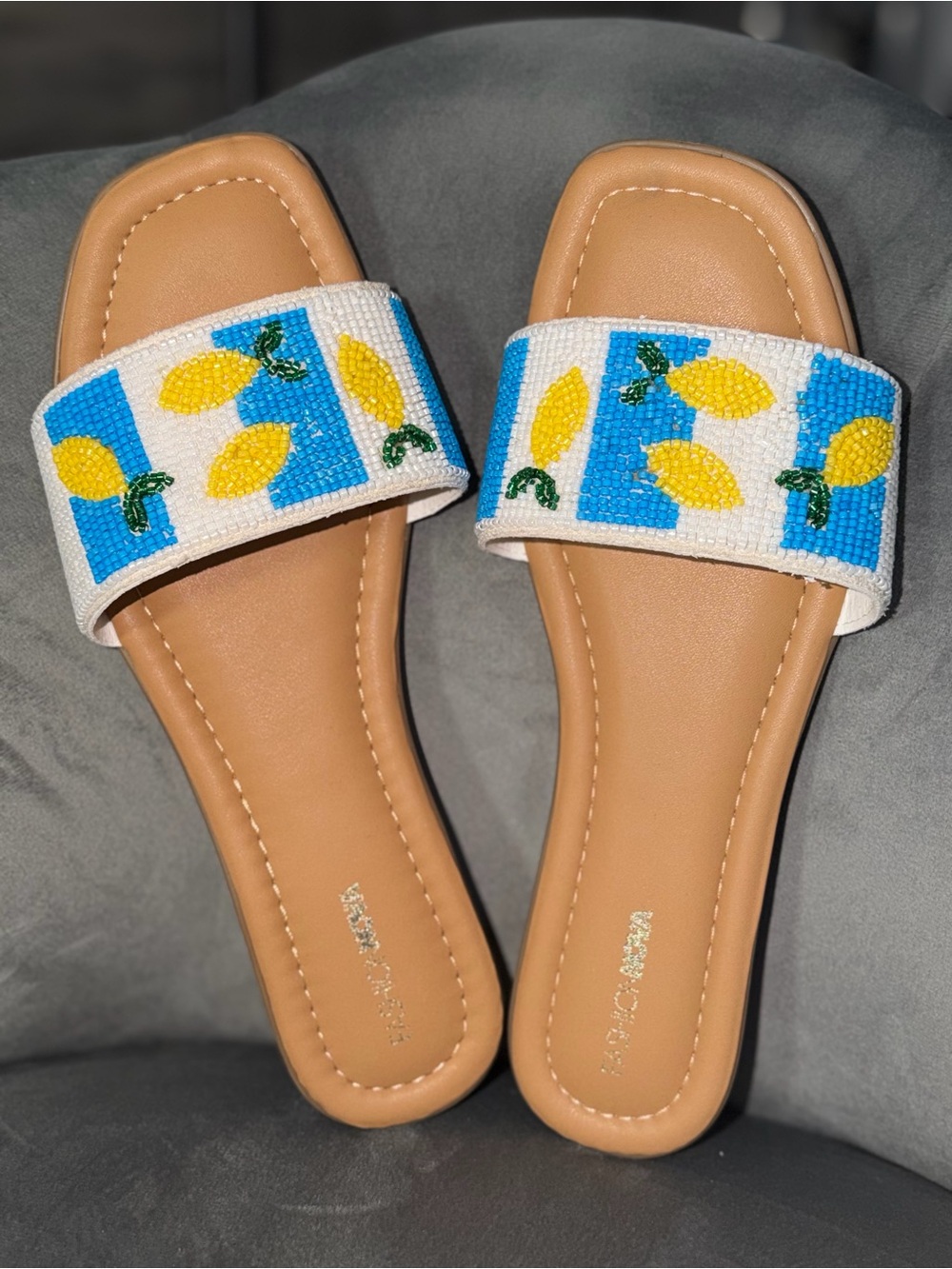 Fashion Nova Lemon Beaded Slide Sandals Size 11 Coastal Italian Summer NWT